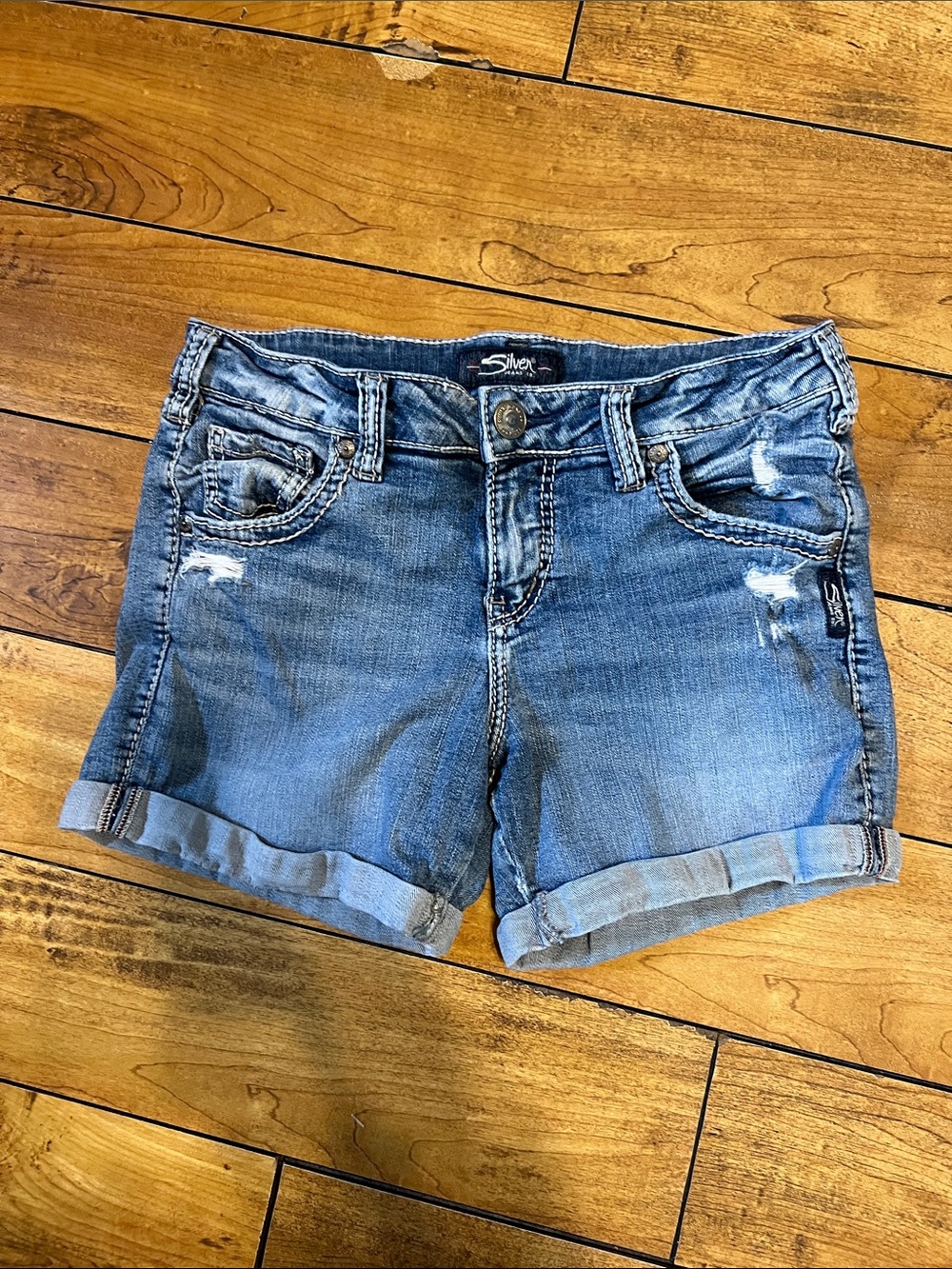 Silver Jeans Sam Distressed Medium Blue Rolled Cuff Denim Shorts